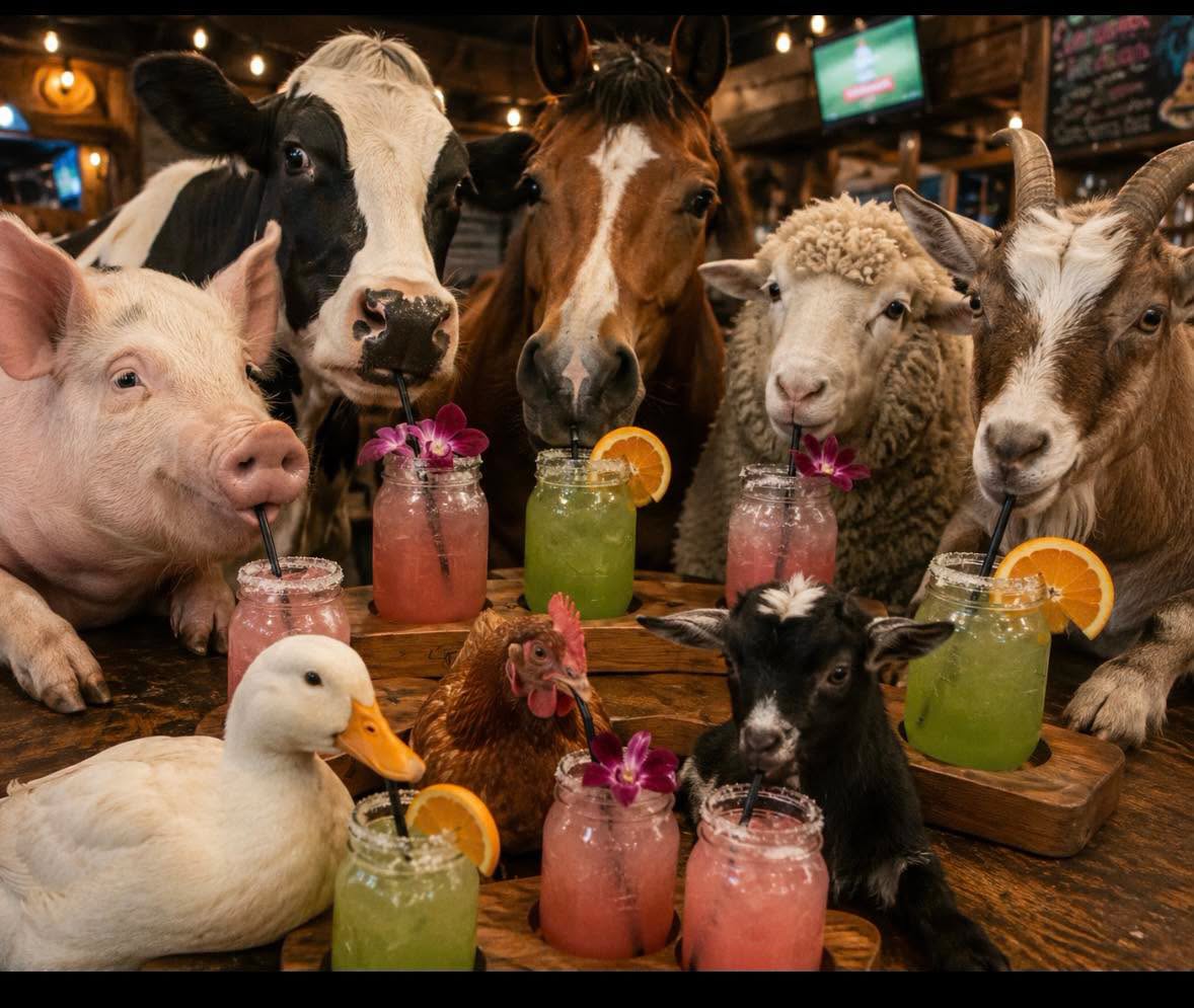 The famous farm animals of The Silo gathered around mason-jar cocktails at the bar