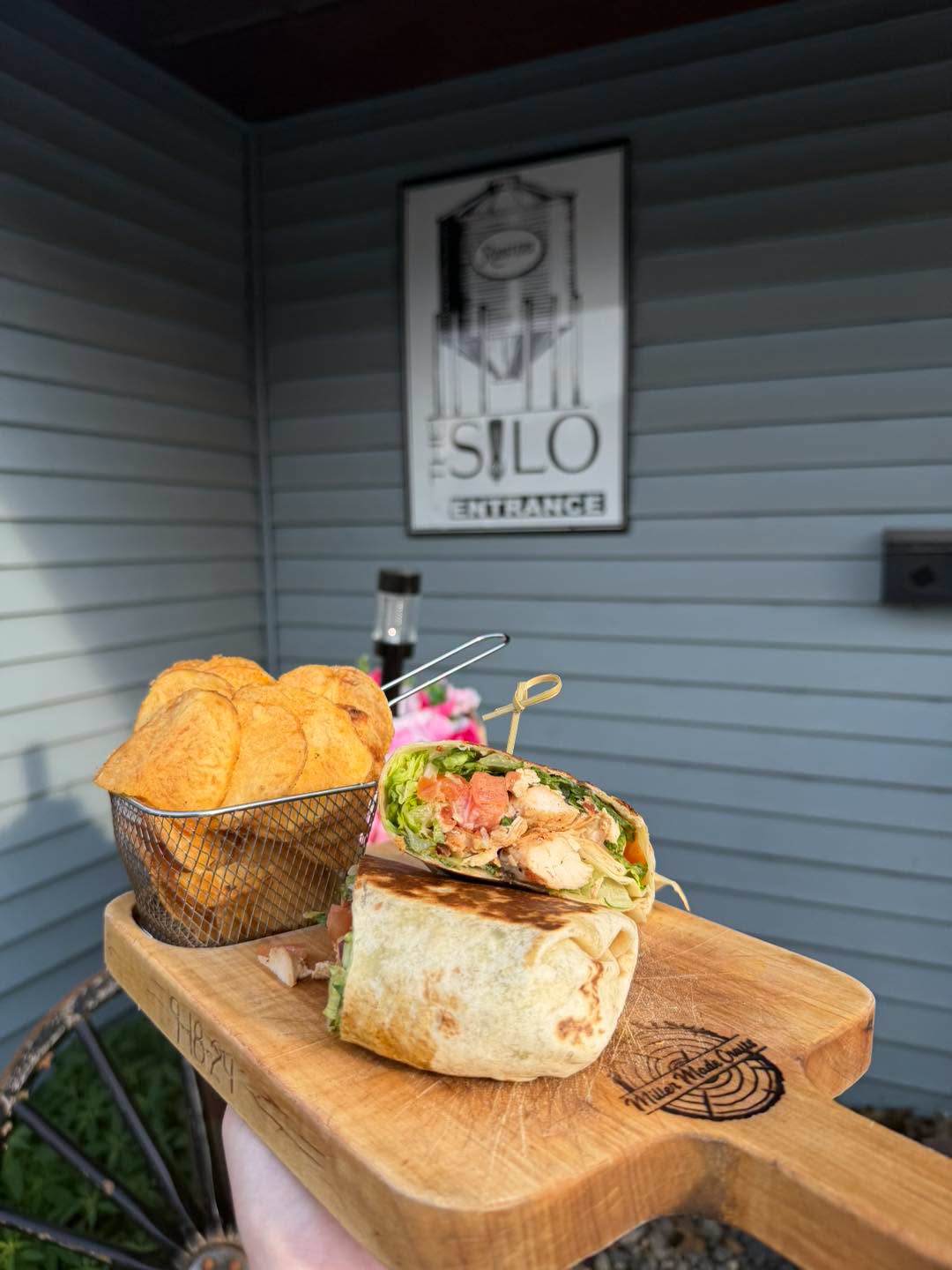 Chicken wrap and chips at The Silo entrance
